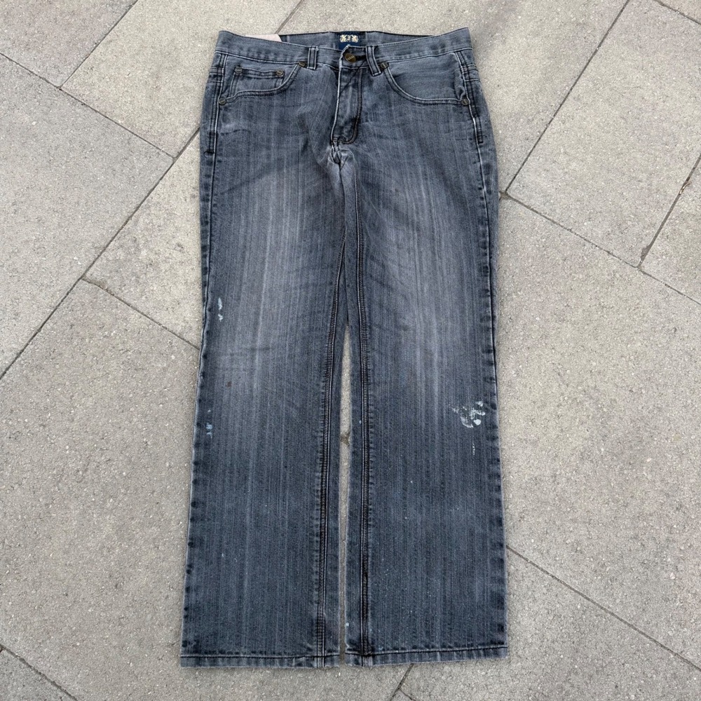 FUSAI Mens Straight Leg Jeans Faded Black Denim Embroidered Pockets 32x28